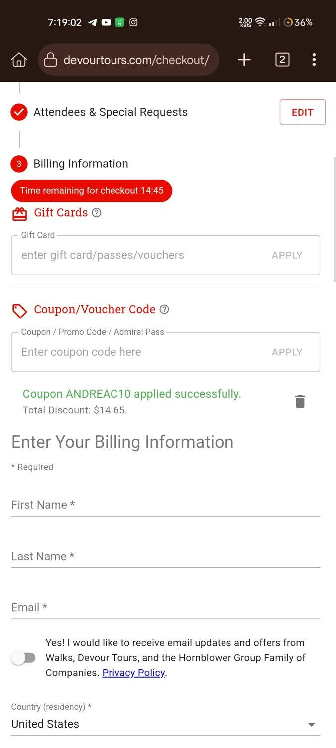 Devour Tours checkout page showing Devour Tours promo code box | Screenshot taken by SimplyCodes community member on Nov 12, 2024