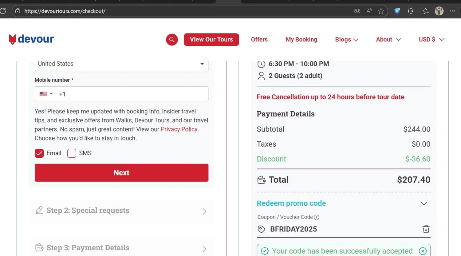 Devour Tours promo code screenshot showing code BFRIDAY2025 applied at Devour Tours checkout page. Uploaded by SimplyCodes community member HonestVzla on Nov 26, 2025