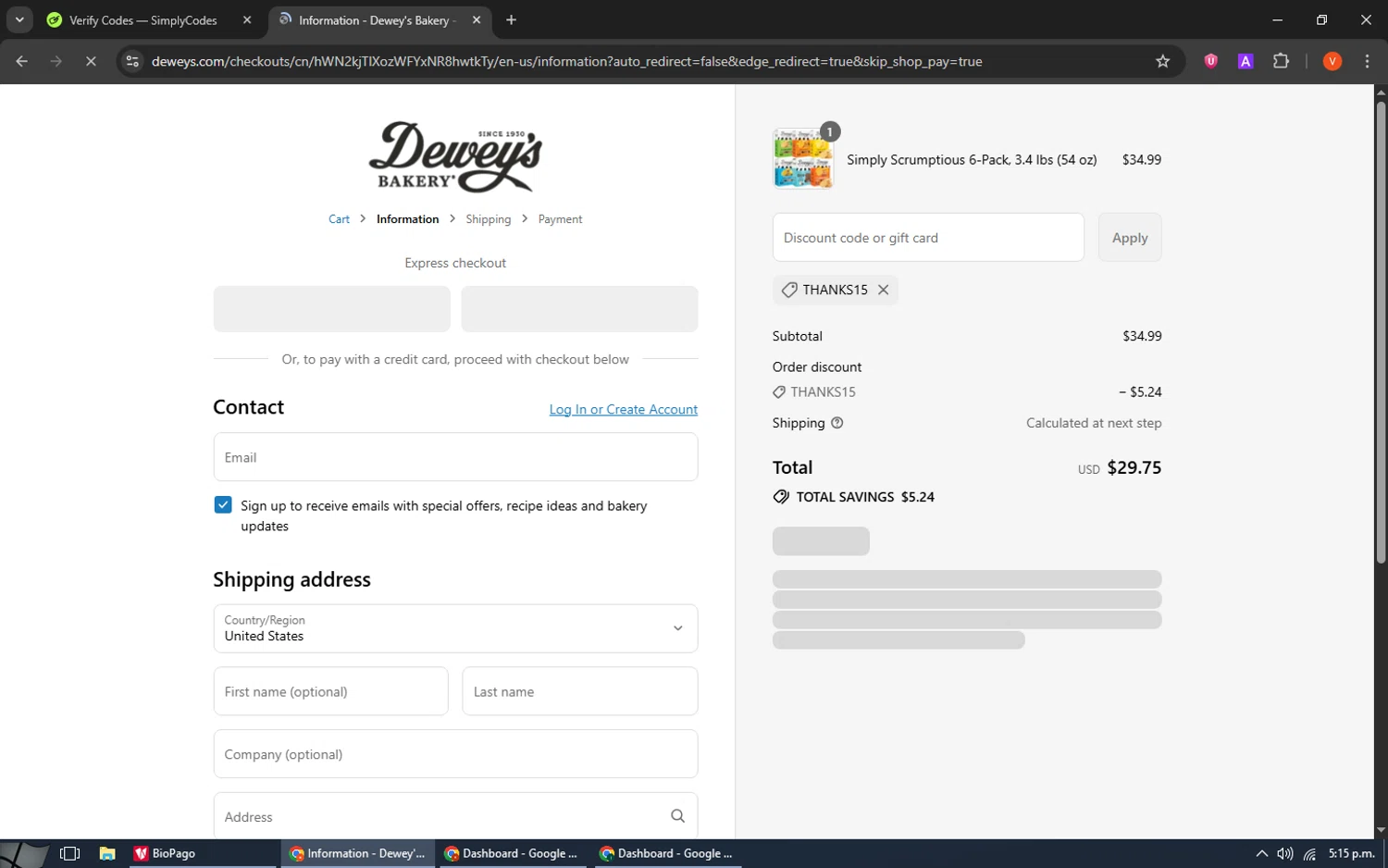 Dewey's Bakery discount code screenshot showing code thanks15 applied at Dewey's Bakery checkout page. Uploaded by SimplyCodes community member SavingsCaptain8190 on Sep 8, 2025