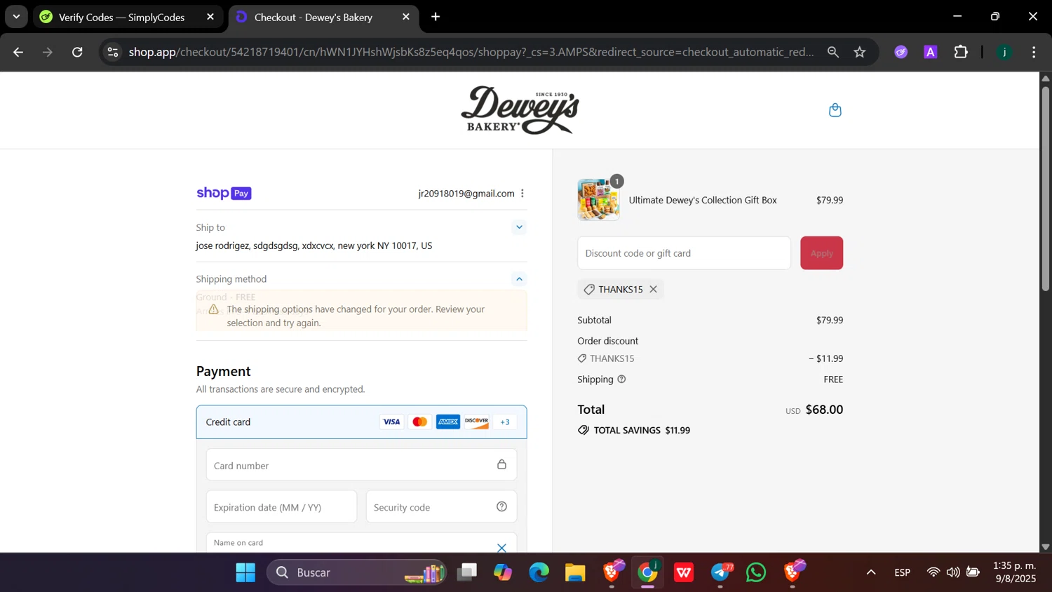 Dewey's Bakery discount code screenshot showing code thanks15 applied at Dewey's Bakery checkout page. Uploaded by SimplyCodes community member hanzell03 on Aug 9, 2025