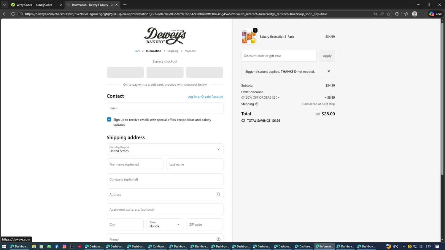 Dewey's Bakery discount code screenshot showing code thanks10 applied at Dewey's Bakery checkout page. Uploaded by SimplyCodes community member SAKURA on Feb 1, 2026