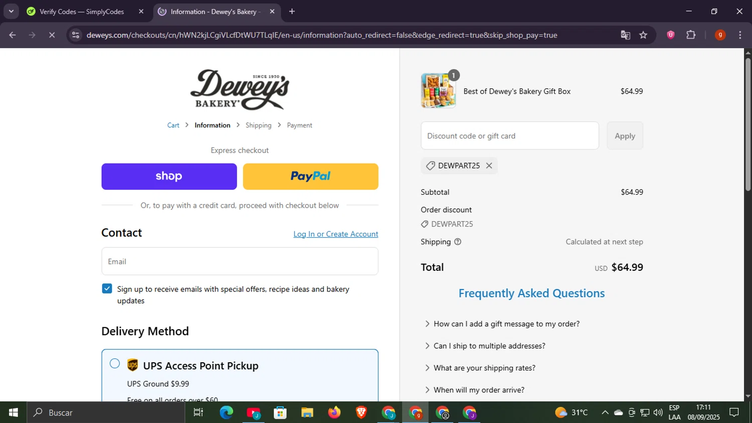 Dewey's Bakery discount code screenshot showing code DEWPART25 applied at Dewey's Bakery checkout page. Uploaded by SimplyCodes community member Scottcawthon on Sep 8, 2025