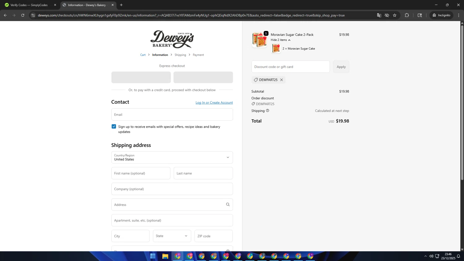 Dewey's Bakery discount code screenshot showing code DEWPART25 applied at Dewey's Bakery checkout page. Uploaded by SimplyCodes community member ShrewdSleuth9497 on Dec 24, 2025