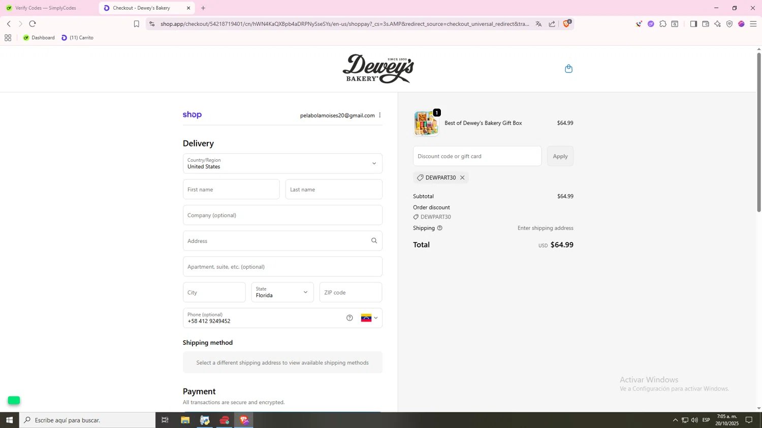 Dewey's Bakery discount code screenshot showing code DEWPART30 applied at Dewey's Bakery checkout page. Uploaded by SimplyCodes community member 000000 on Oct 20, 2025