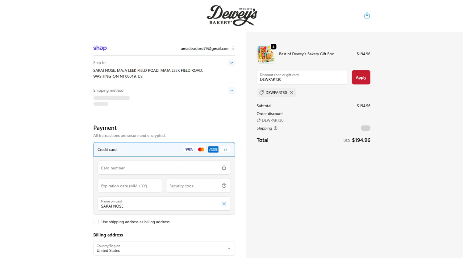 Dewey's Bakery discount code screenshot showing code DEWPART30 applied at Dewey's Bakery checkout page. Uploaded by SimplyCodes community member Ricacocaina on Dec 5, 2025