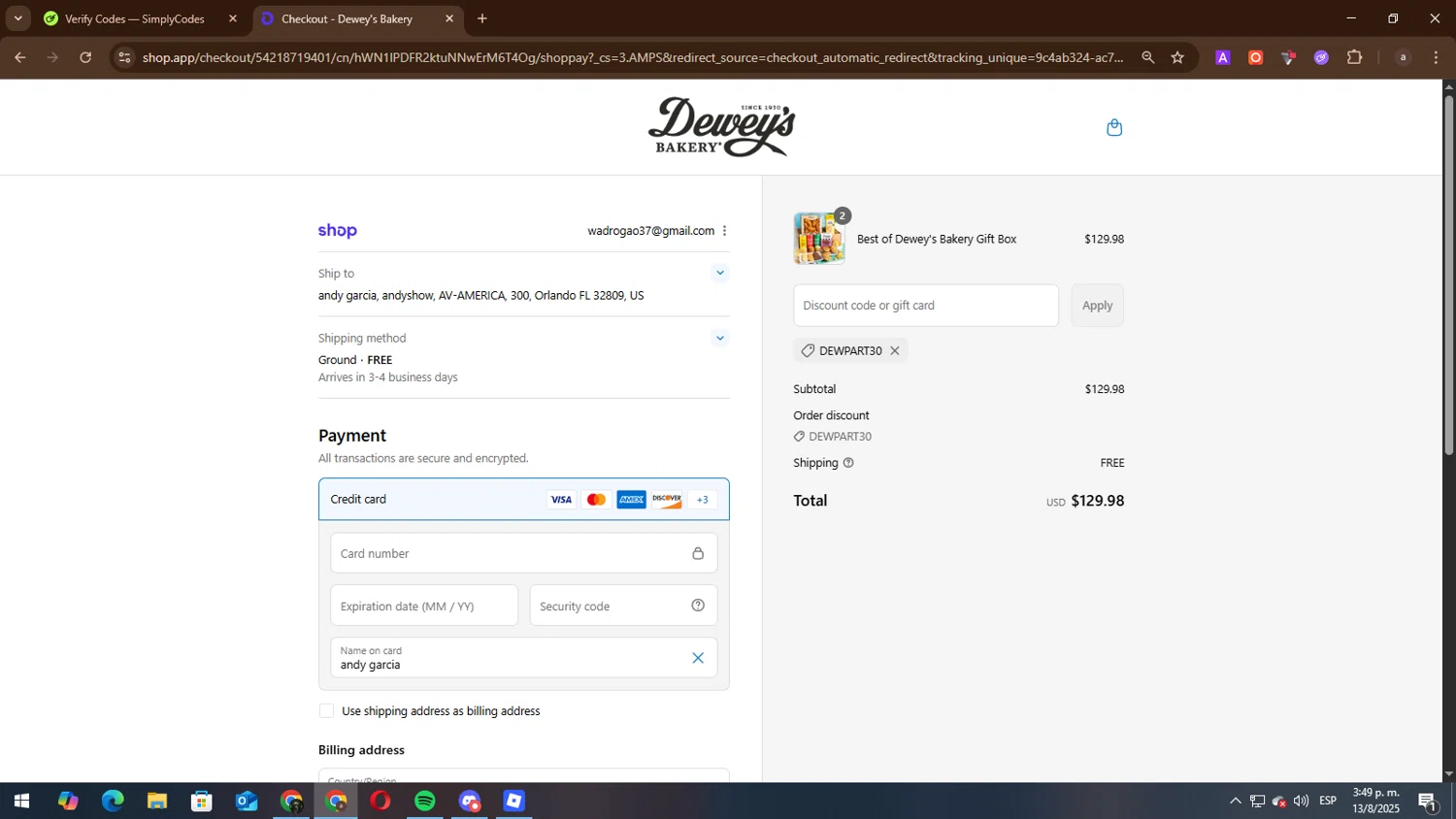 Dewey's Bakery discount code screenshot showing code DEWPART30 applied at Dewey's Bakery checkout page. Uploaded by SimplyCodes community member lisandro on Aug 13, 2025