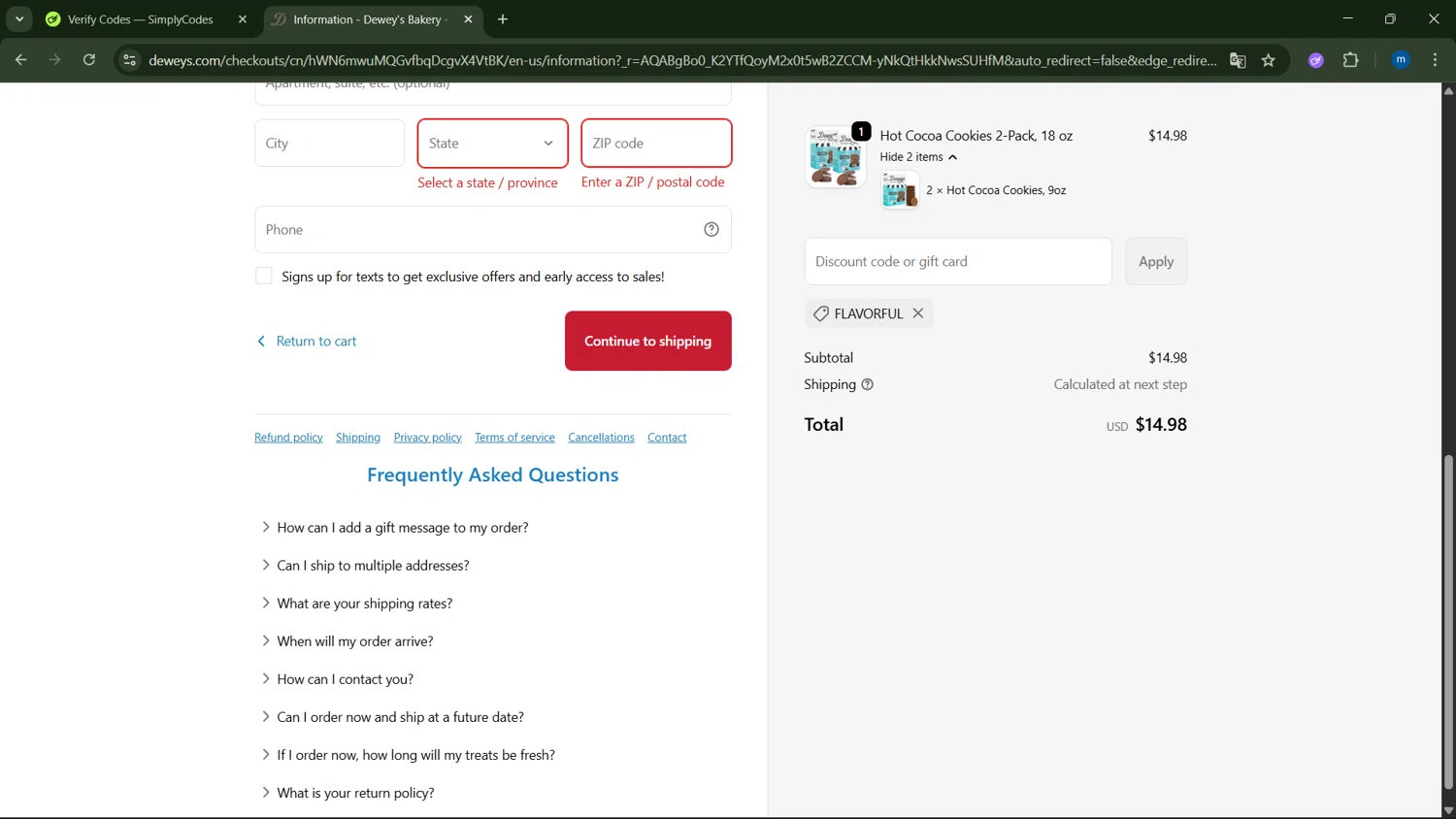 Dewey's Bakery discount code screenshot showing code FLAVORFUL applied at Dewey's Bakery checkout page. Uploaded by SimplyCodes community member GloriousSpotter8024 on Dec 24, 2025