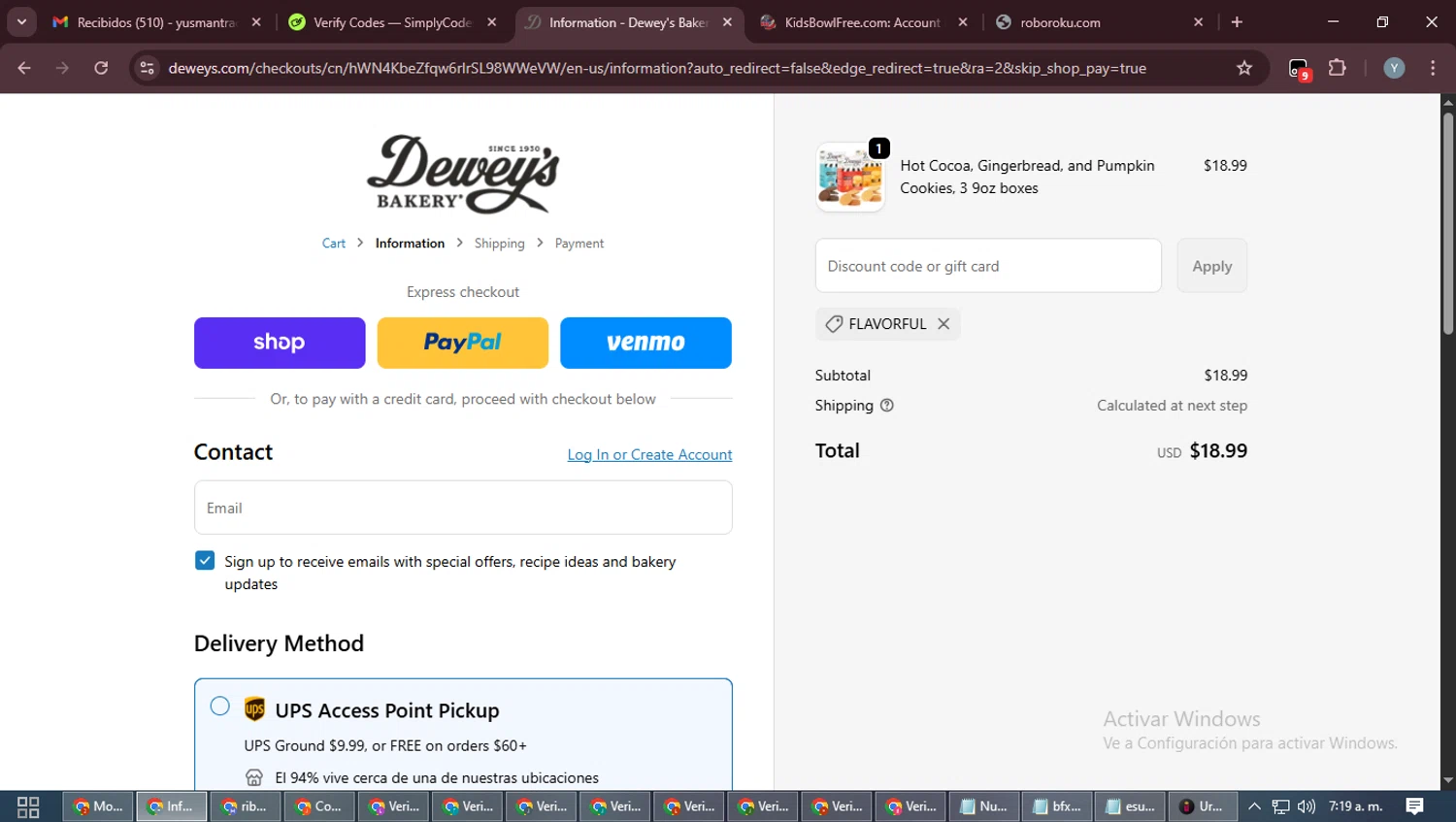 Dewey's Bakery discount code screenshot showing code FLAVORFUL applied at Dewey's Bakery checkout page. Uploaded by SimplyCodes community member MoneyTiger5162 on Oct 20, 2025