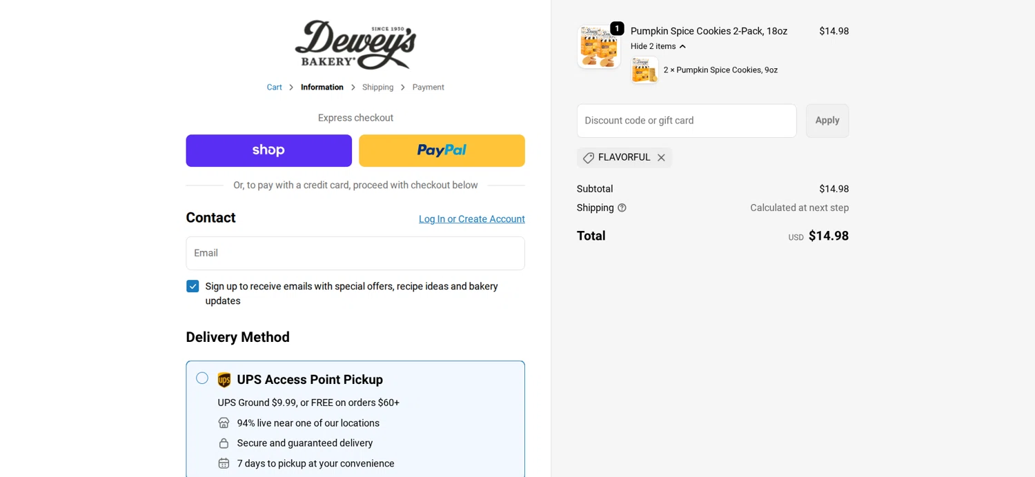 Dewey's Bakery discount code screenshot showing code FLAVORFUL applied at Dewey's Bakery checkout page. Uploaded by SimplyCodes community member Mongomery on Oct 20, 2025
