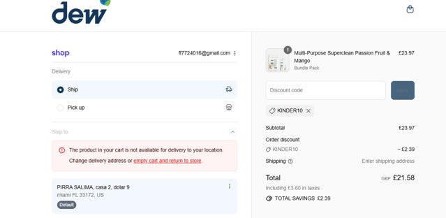 Dew Products checkout page showing Dew Products promo code box | Screenshot taken by SimplyCodes community member on Sep 1, 2025