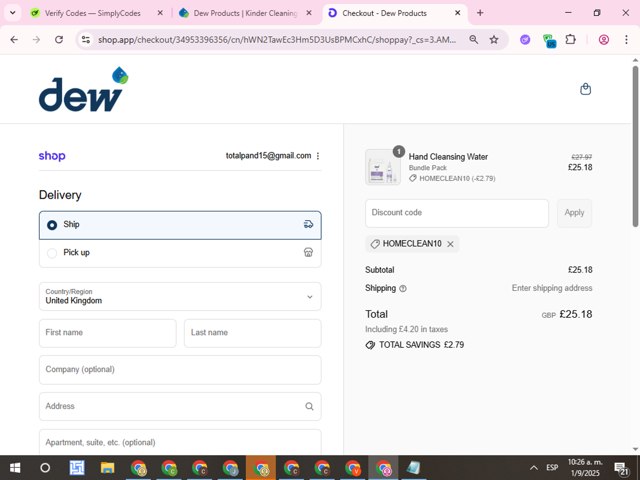 Dew Products checkout page showing Dew Products promo code box | Screenshot taken by SimplyCodes community member on Sep 1, 2025