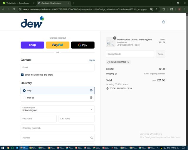 Dew Products checkout page showing Dew Products promo code box | Screenshot taken by SimplyCodes community member on Sep 1, 2025