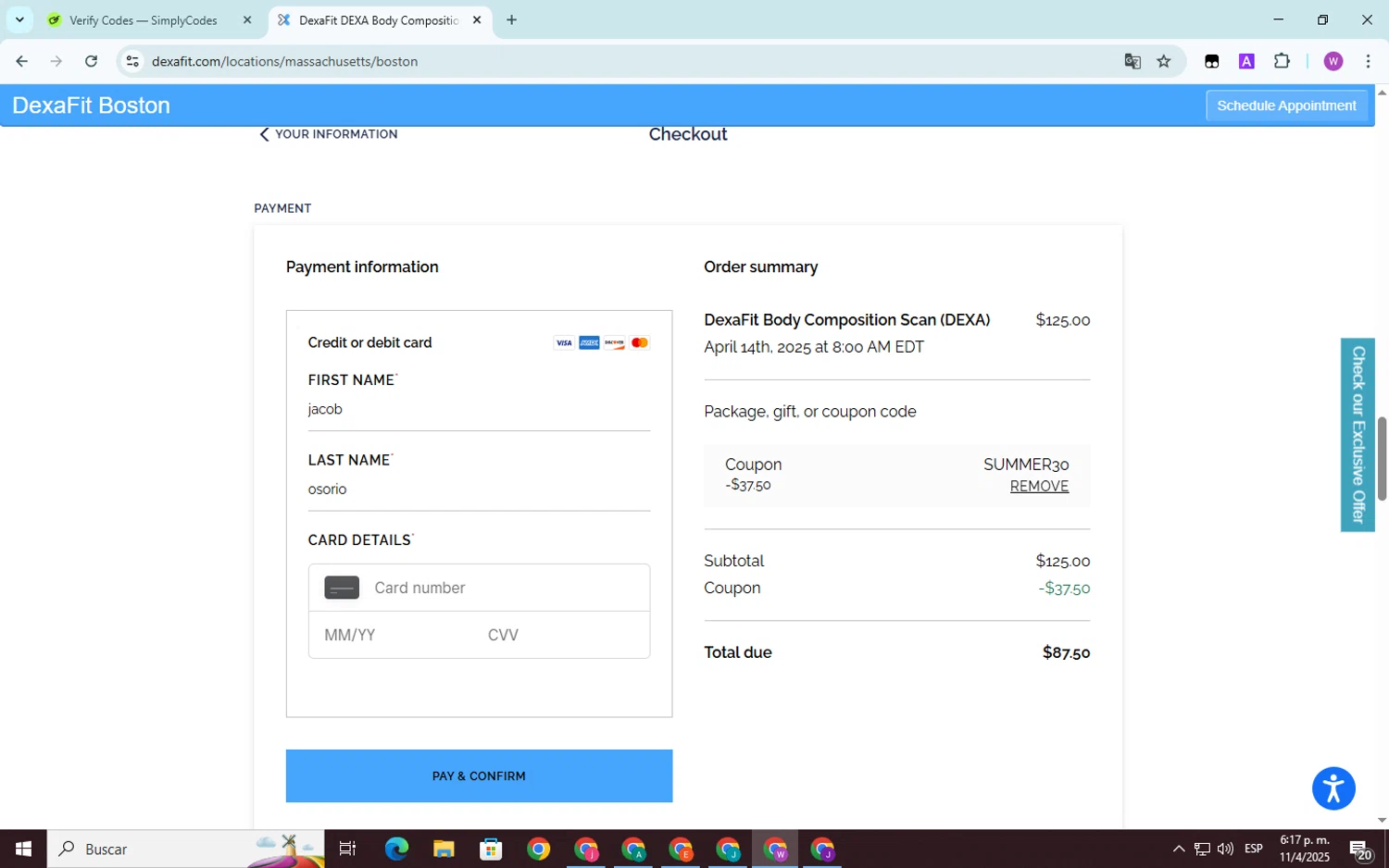 Dexafit checkout page showing Dexafit promo code box | Screenshot taken by SimplyCodes community member on Apr 11, 2025