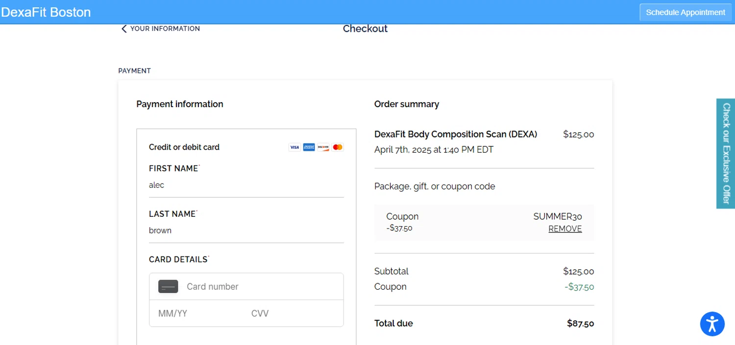 Dexafit checkout page showing Dexafit promo code box | Screenshot taken by SimplyCodes community member on Apr 2, 2025