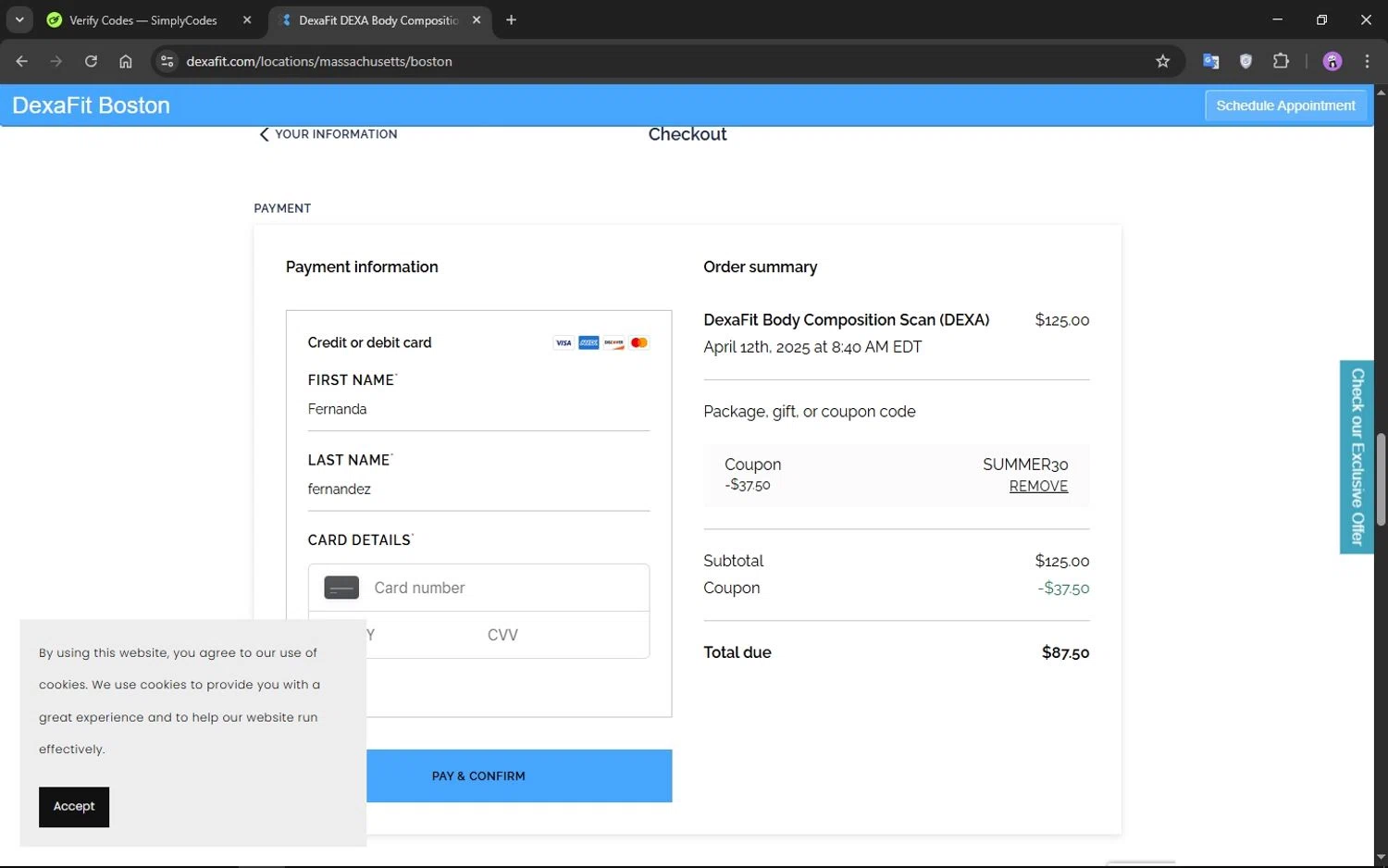 Dexafit promo code screenshot showing code SUMMER30 applied at Dexafit checkout page. Uploaded by SimplyCodes community member CrownMaestro9486 on Apr 12, 2025