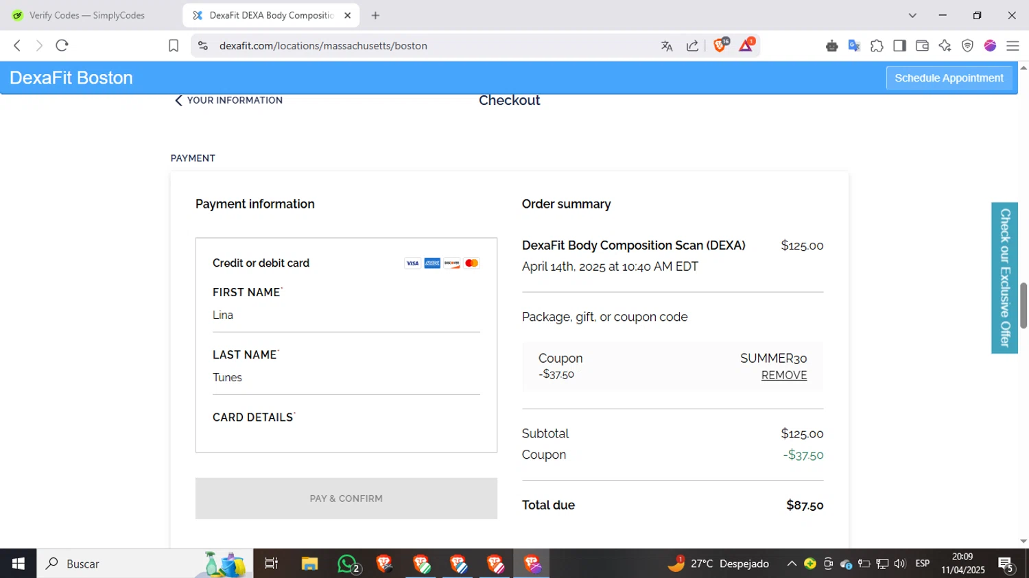 Dexafit checkout page showing Dexafit promo code box | Screenshot taken by SimplyCodes community member on Apr 12, 2025