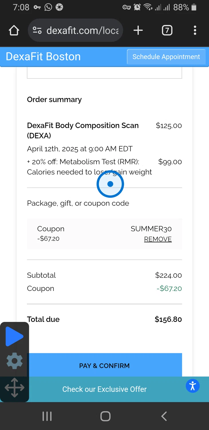Dexafit promo code screenshot showing code SUMMER30 applied at Dexafit checkout page. Uploaded by SimplyCodes community member TreasureLynx6841 on Apr 12, 2025