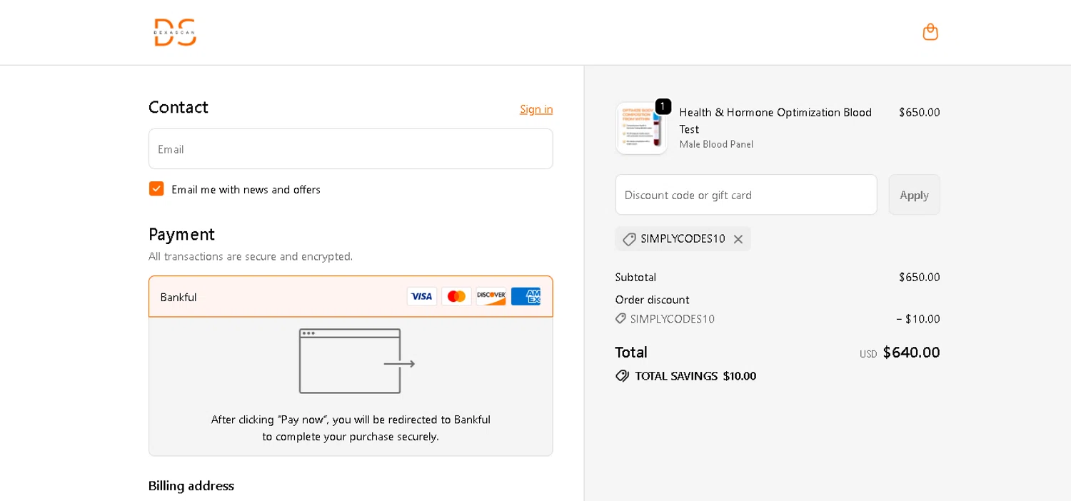 DEXASCAN.COM promo code screenshot showing code SIMPLYCODES10 applied at DEXASCAN.COM checkout page. Uploaded by SimplyCodes community member BLUEBLASTOISE on Jan 13, 2026