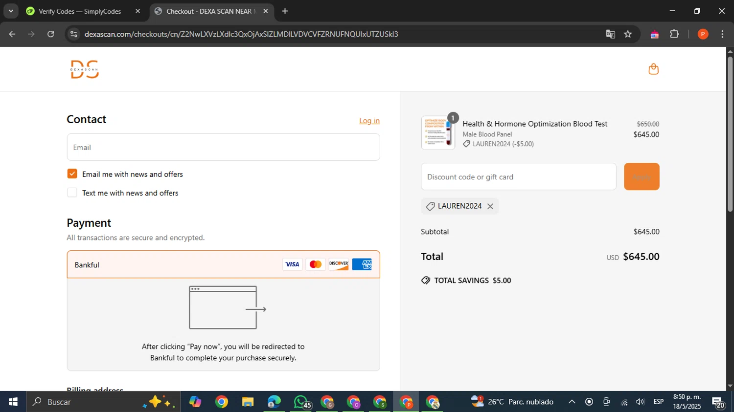 DEXASCAN.COM promo code screenshot showing code Lauren2024 applied at DEXASCAN.COM checkout page. Uploaded by SimplyCodes community member VictoriousCaptain2658 on May 19, 2025