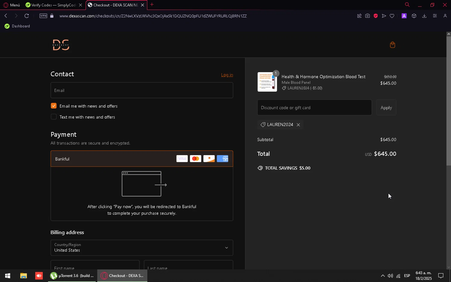DEXASCAN.COM promo code screenshot showing code Lauren2024 applied at DEXASCAN.COM checkout page. Uploaded by SimplyCodes community member QuestFinder5221 on Feb 18, 2025
