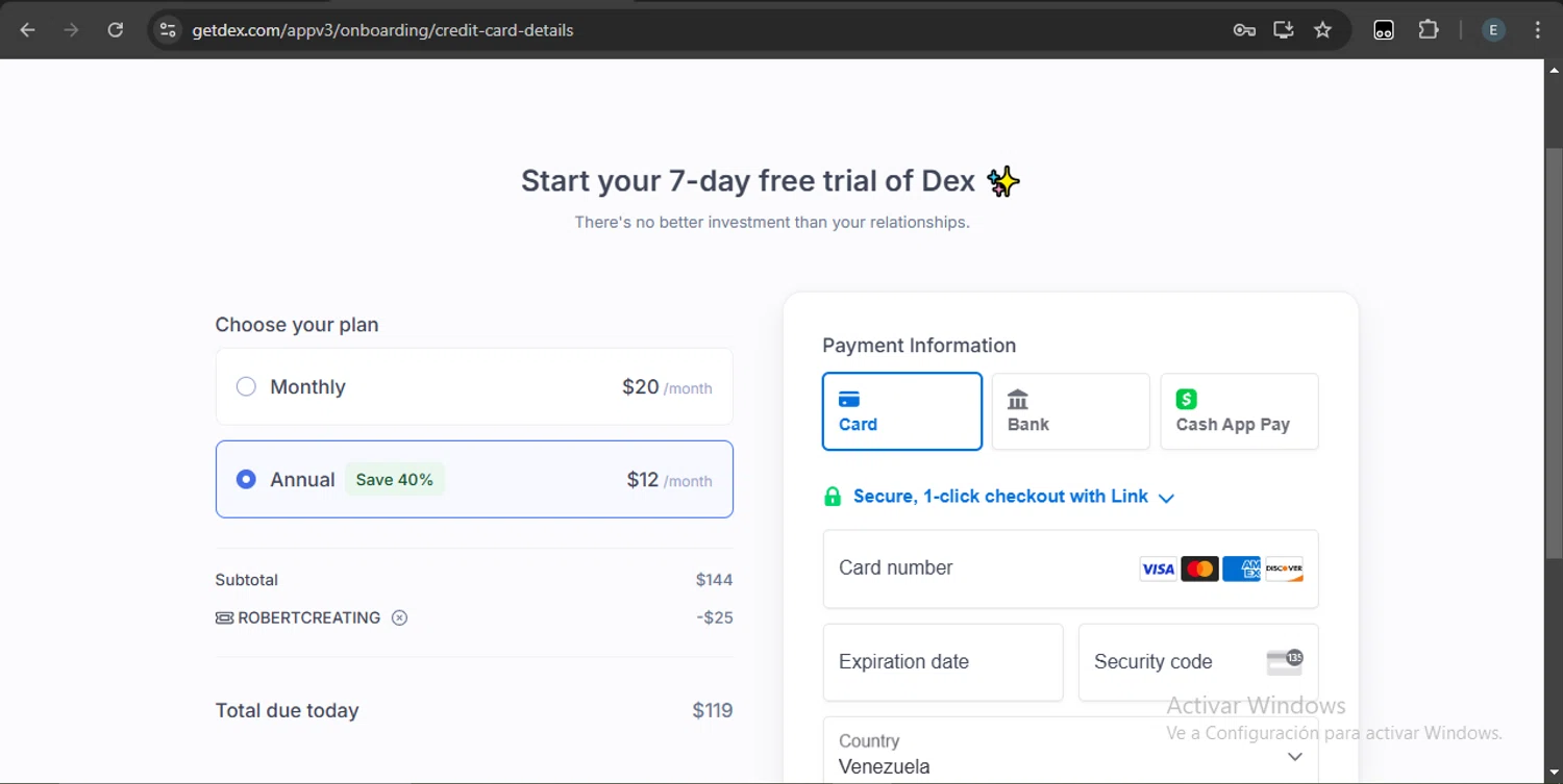 Dex PRM promo code screenshot showing code ROBERTCREATING applied at Dex PRM checkout page. Uploaded by SimplyCodes community member SilverKnight4465 on Dec 31, 2024