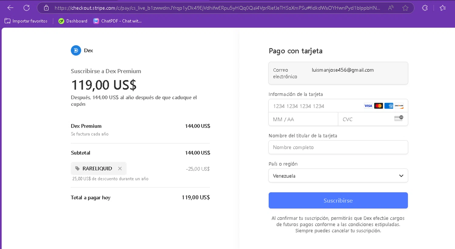 Dex PRM promo code screenshot showing code RARELIQUID applied at Dex PRM checkout page. Uploaded by SimplyCodes community member FredoGodofredo on Jan 25, 2025