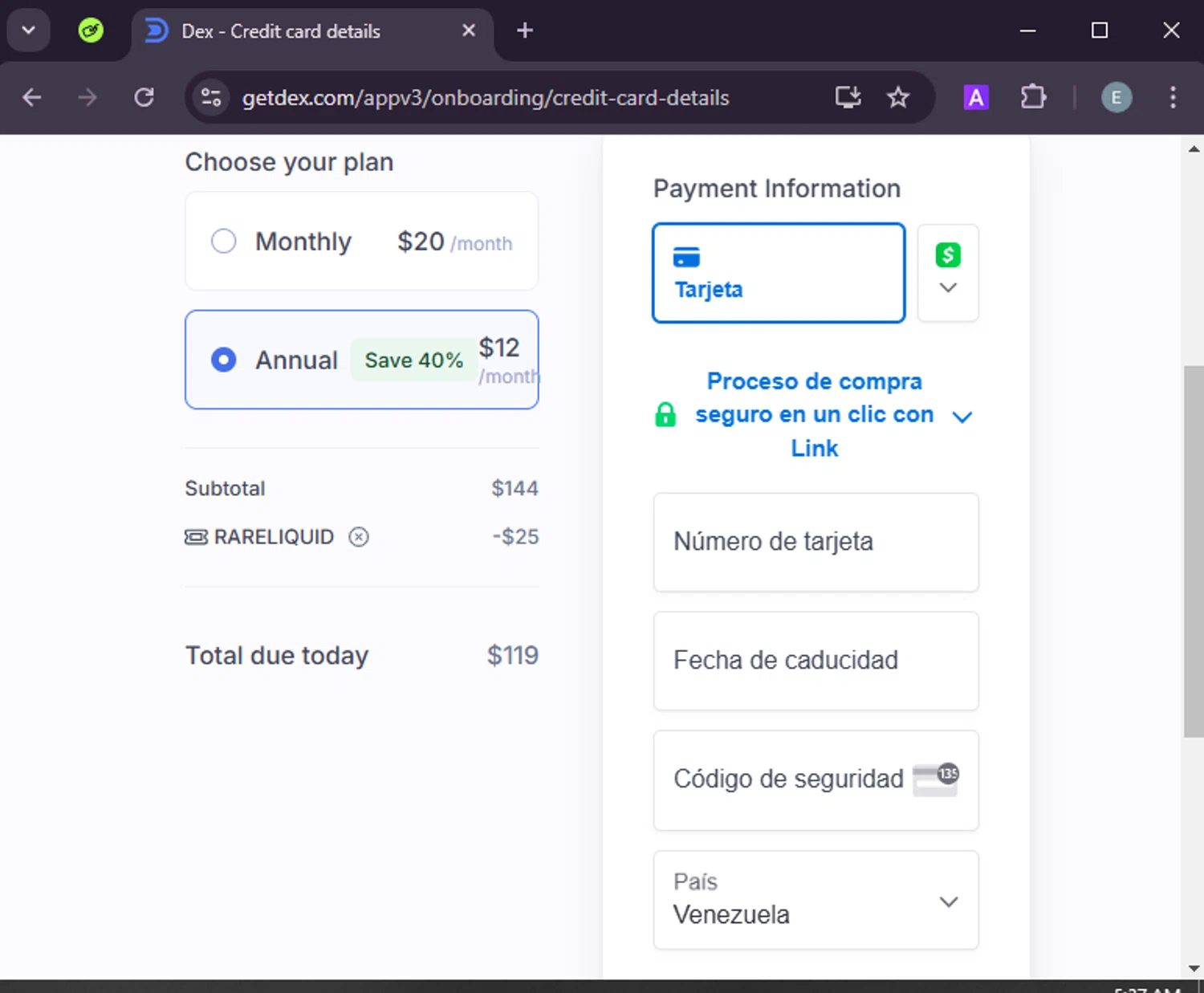 Dex PRM promo code screenshot showing code RARELIQUID applied at Dex PRM checkout page. Uploaded by SimplyCodes community member LuckyExpert7689 on Dec 27, 2024