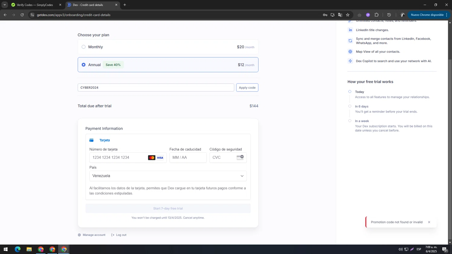 Dex PRM promo code screenshot showing code CYBER2024 applied at Dex PRM checkout page. Uploaded by SimplyCodes community member ELMARRON on Apr 6, 2025