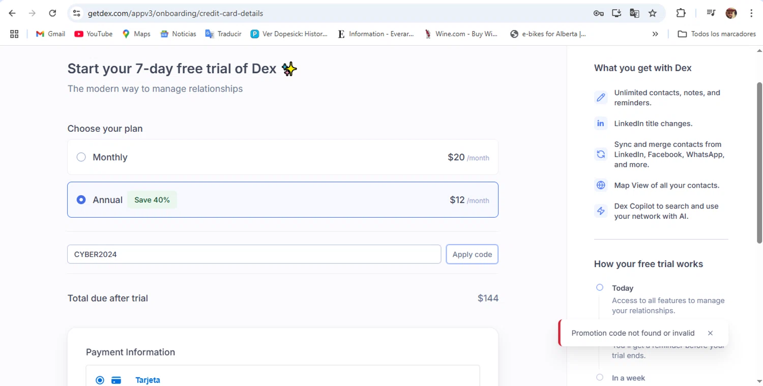 Dex PRM promo code screenshot showing code CYBER2024 applied at Dex PRM checkout page. Uploaded by SimplyCodes community member DanyRey10 on Apr 6, 2025