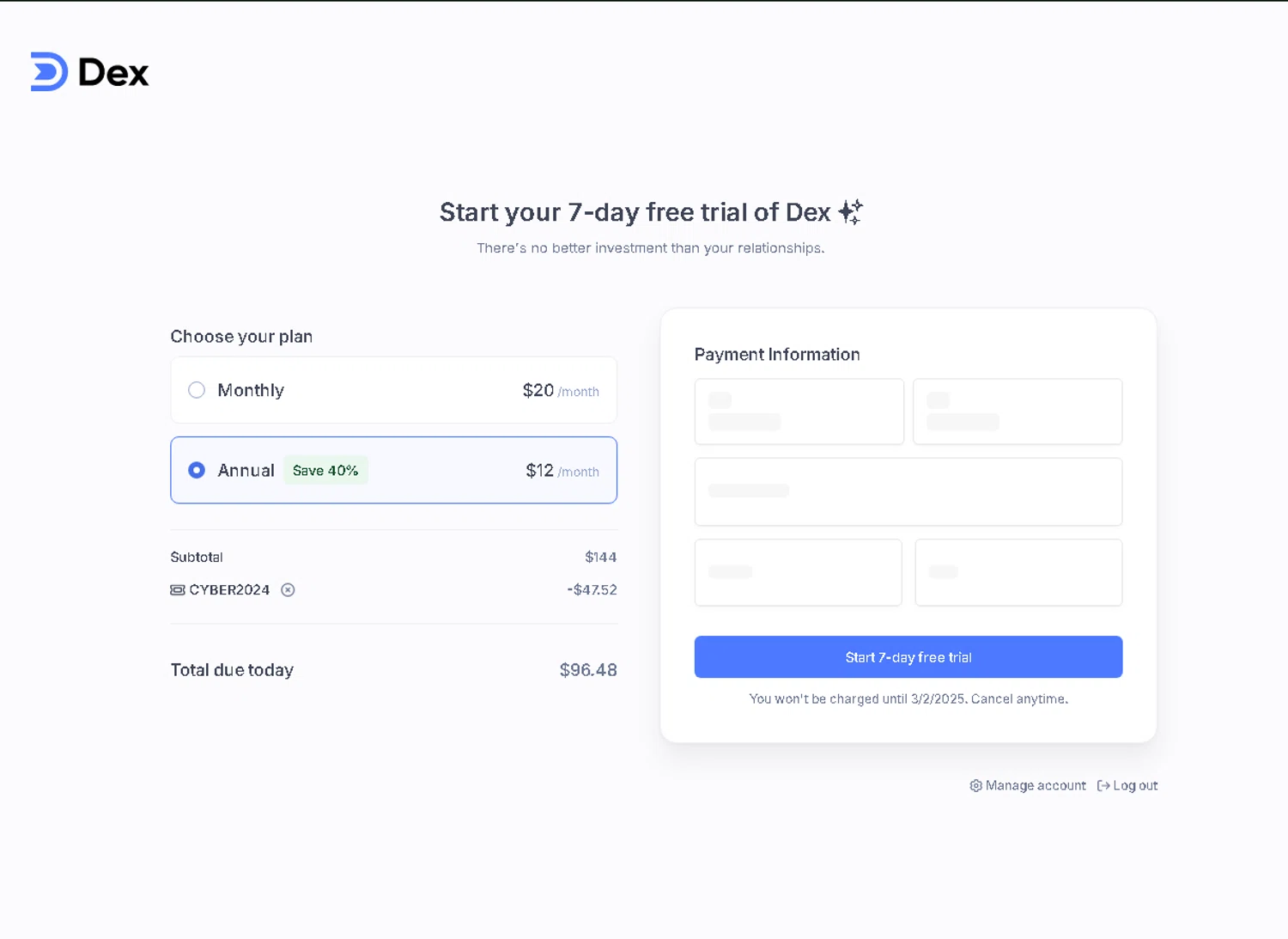 Dex PRM checkout page showing Dex PRM promo code box | Screenshot taken by SimplyCodes community member on Jan 27, 2025