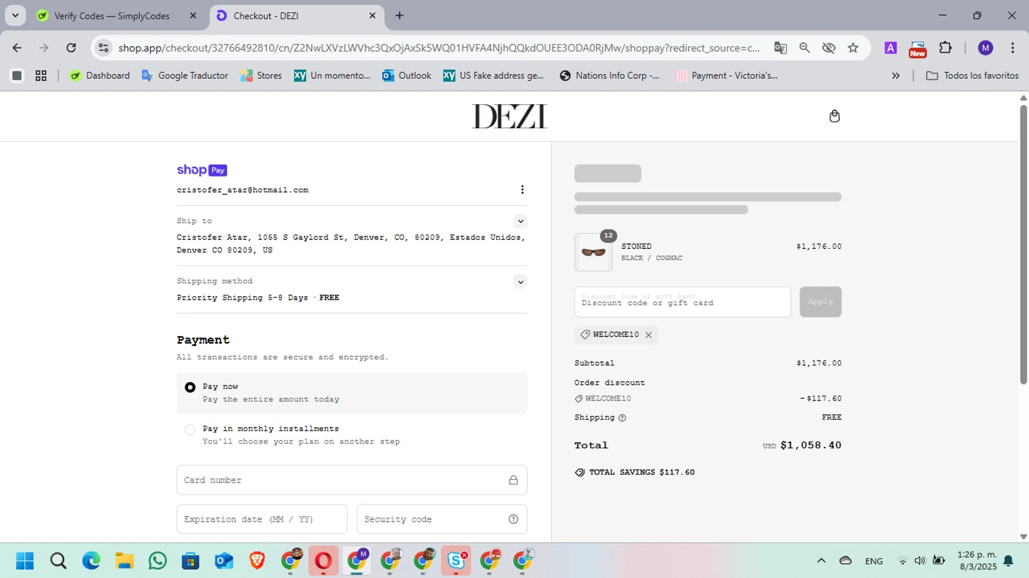 DEZI coupon code screenshot showing code WELCOME10 applied at DEZI checkout page. Uploaded by SimplyCodes community member MarielisPb on Mar 8, 2025