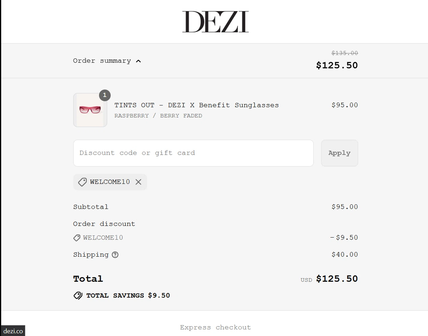 DEZI coupon code screenshot showing code WELCOME10 applied at DEZI checkout page. Uploaded by SimplyCodes community member ValiantLion5897 on Aug 23, 2025