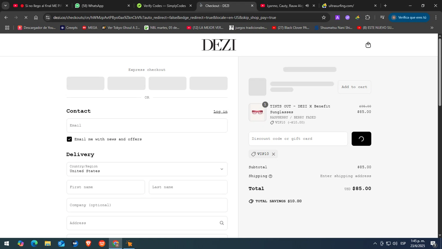 DEZI coupon code screenshot showing code VIP10 applied at DEZI checkout page. Uploaded by SimplyCodes community member JuanChi on Jun 23, 2025