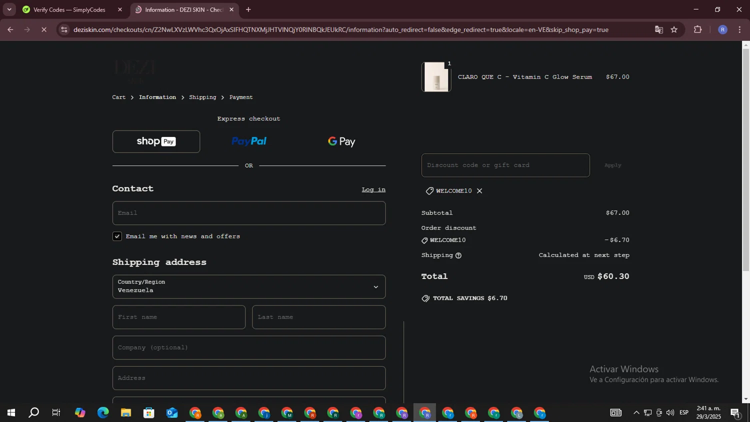 DEZI SKIN promo code screenshot showing code WELCOME10 applied at DEZI SKIN checkout page. Uploaded by SimplyCodes community member ExtraordinarySaver3260 on Mar 29, 2025