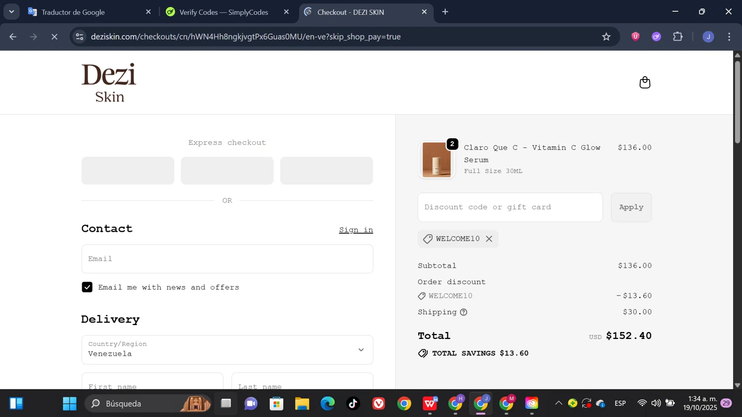 DEZI SKIN promo code screenshot showing code WELCOME10 applied at DEZI SKIN checkout page. Uploaded by SimplyCodes community member thesoldier on Oct 19, 2025