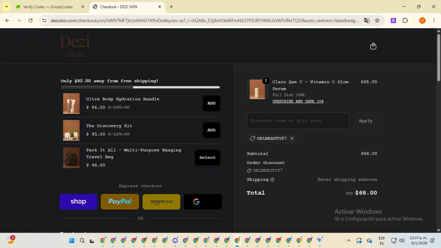 DEZI SKIN promo code screenshot showing code GELBEAUTY87 applied at DEZI SKIN checkout page. Uploaded by SimplyCodes community member SavingsMaverick3203 on Jan 8, 2026