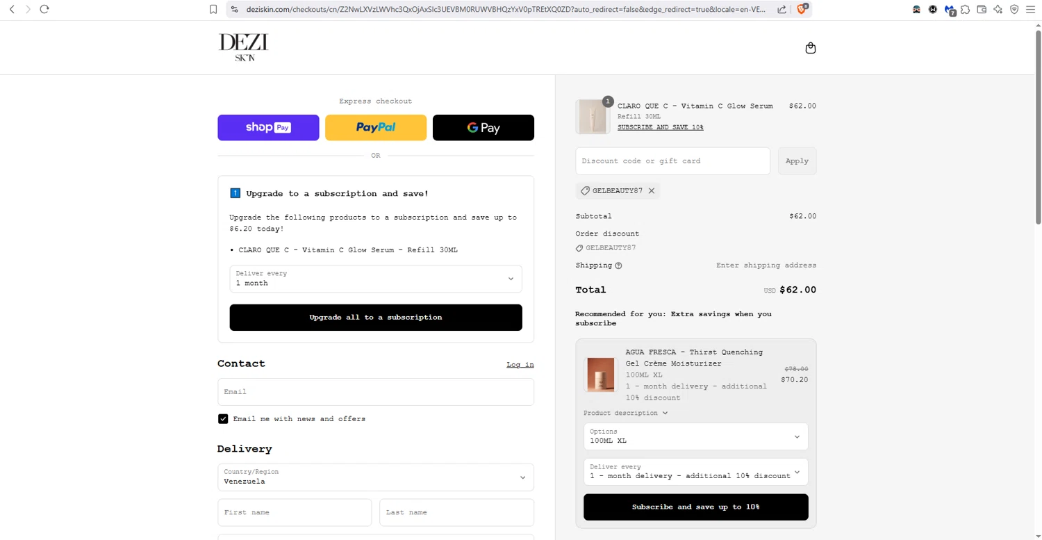 DEZI SKIN promo code screenshot showing code GELBEAUTY87 applied at DEZI SKIN checkout page. Uploaded by SimplyCodes community member dayselis15 on May 27, 2025