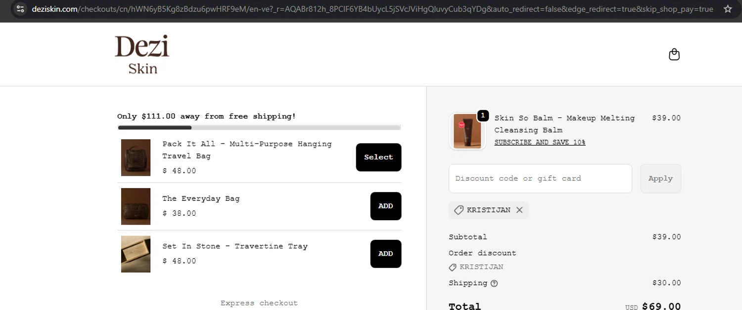 DEZI SKIN promo code screenshot showing code KRISTIJAN applied at DEZI SKIN checkout page. Uploaded by SimplyCodes community member Mulan5674851292422 on Dec 28, 2025