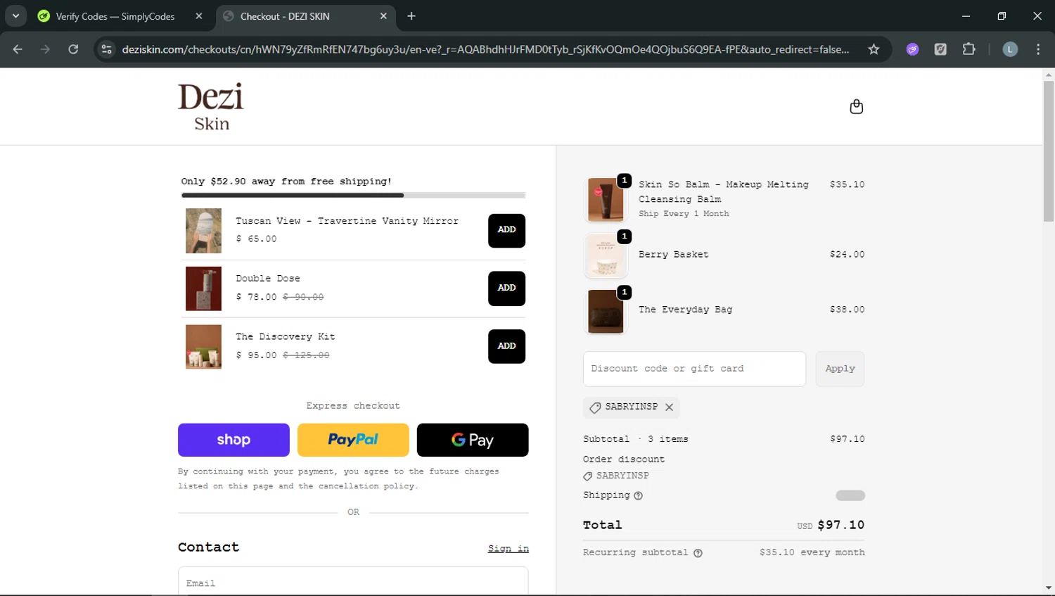 DEZI SKIN promo code screenshot showing code SABRYINSP applied at DEZI SKIN checkout page. Uploaded by SimplyCodes community member RoyalOwl5790 on Jan 2, 2026