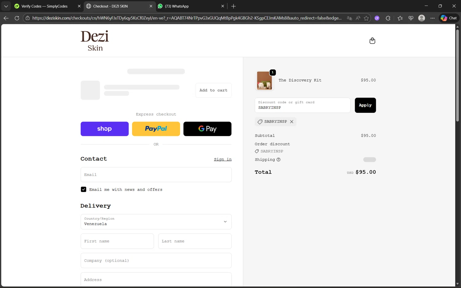 DEZI SKIN promo code screenshot showing code SABRYINSP applied at DEZI SKIN checkout page. Uploaded by SimplyCodes community member juanx1702 on Dec 29, 2025