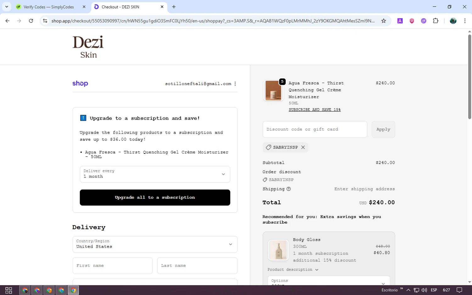 DEZI SKIN promo code screenshot showing code SABRYINSP applied at DEZI SKIN checkout page. Uploaded by SimplyCodes community member neurioandrades on Nov 9, 2025