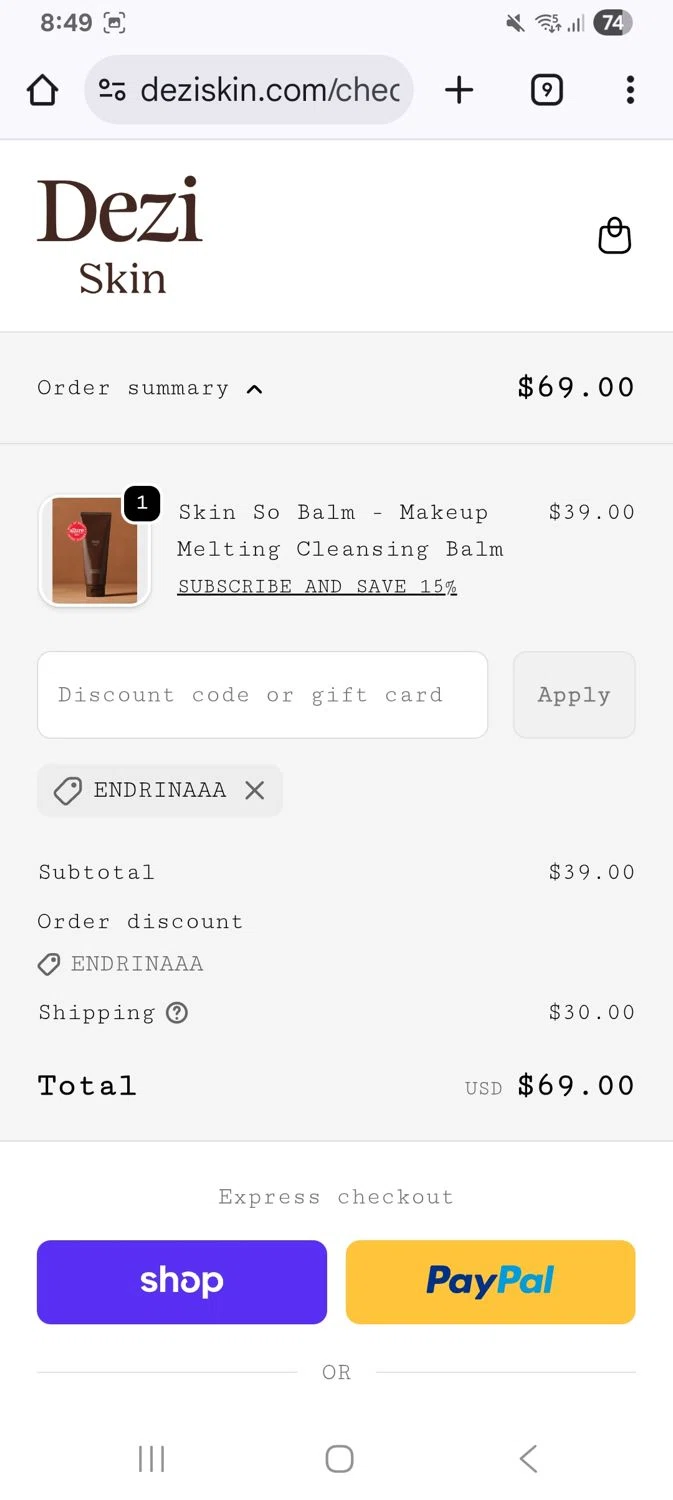 DEZI SKIN promo code screenshot showing code Endrinaaa applied at DEZI SKIN checkout page. Uploaded by SimplyCodes community member KarinaHZ on Dec 3, 2025