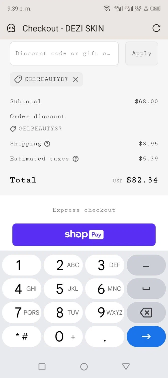 DEZI SKIN promo code screenshot showing code GELBEAUTY87 applied at DEZI SKIN checkout page. Uploaded by SimplyCodes community member KarinaHZ on May 27, 2025