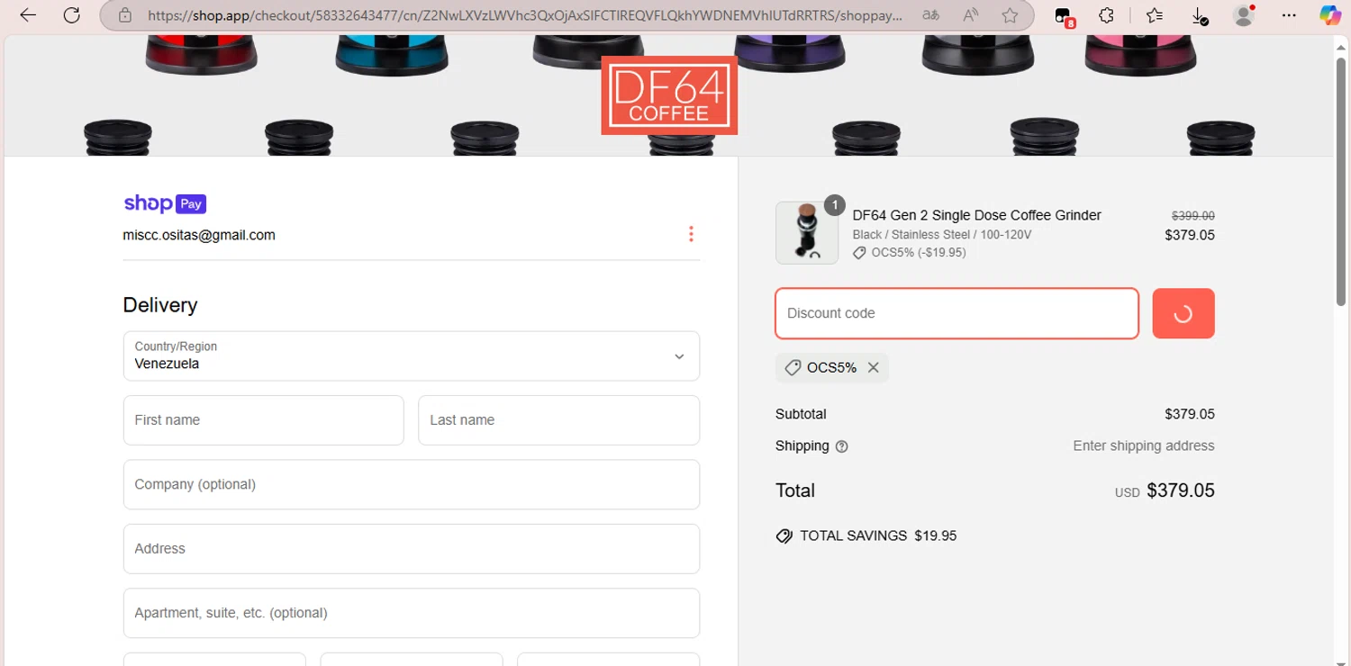 DF64 COFFEE GRINDER promo code screenshot showing code OCS5% applied at DF64 COFFEE GRINDER checkout page. Uploaded by SimplyCodes community member BrilliantFalcon6936 on Mar 27, 2025