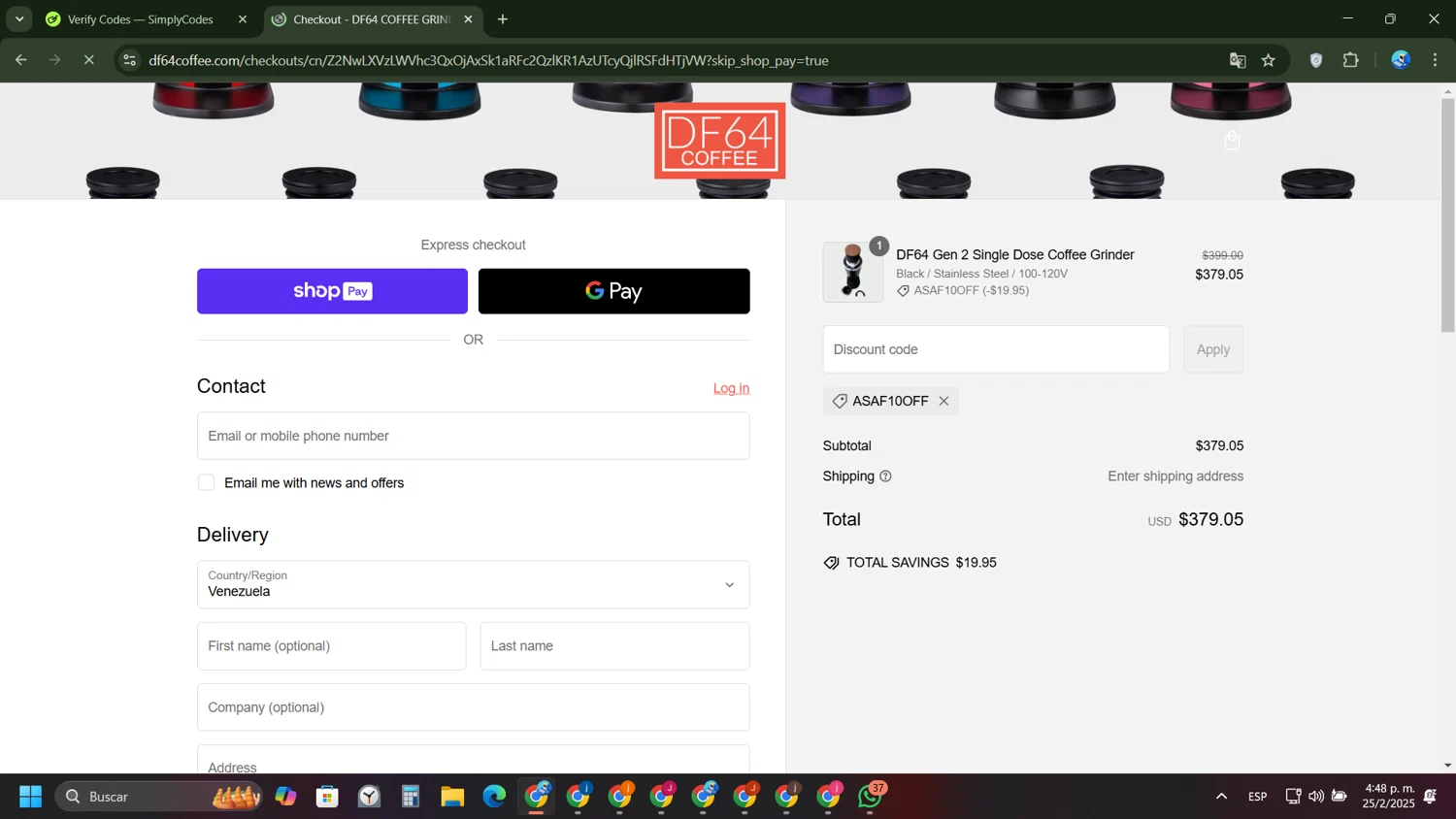 DF64 COFFEE GRINDER promo code screenshot showing code ASAF10OFF applied at DF64 COFFEE GRINDER checkout page. Uploaded by SimplyCodes community member FernandoLetex on Feb 25, 2025