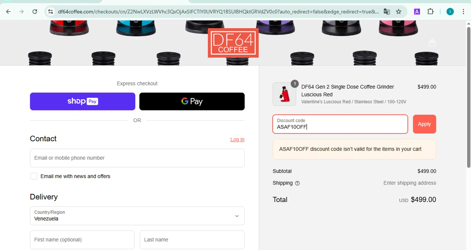 DF64 COFFEE GRINDER promo code screenshot showing code ASAF10OFF applied at DF64 COFFEE GRINDER checkout page. Uploaded by SimplyCodes community member NobleDefender3673 on Mar 27, 2025
