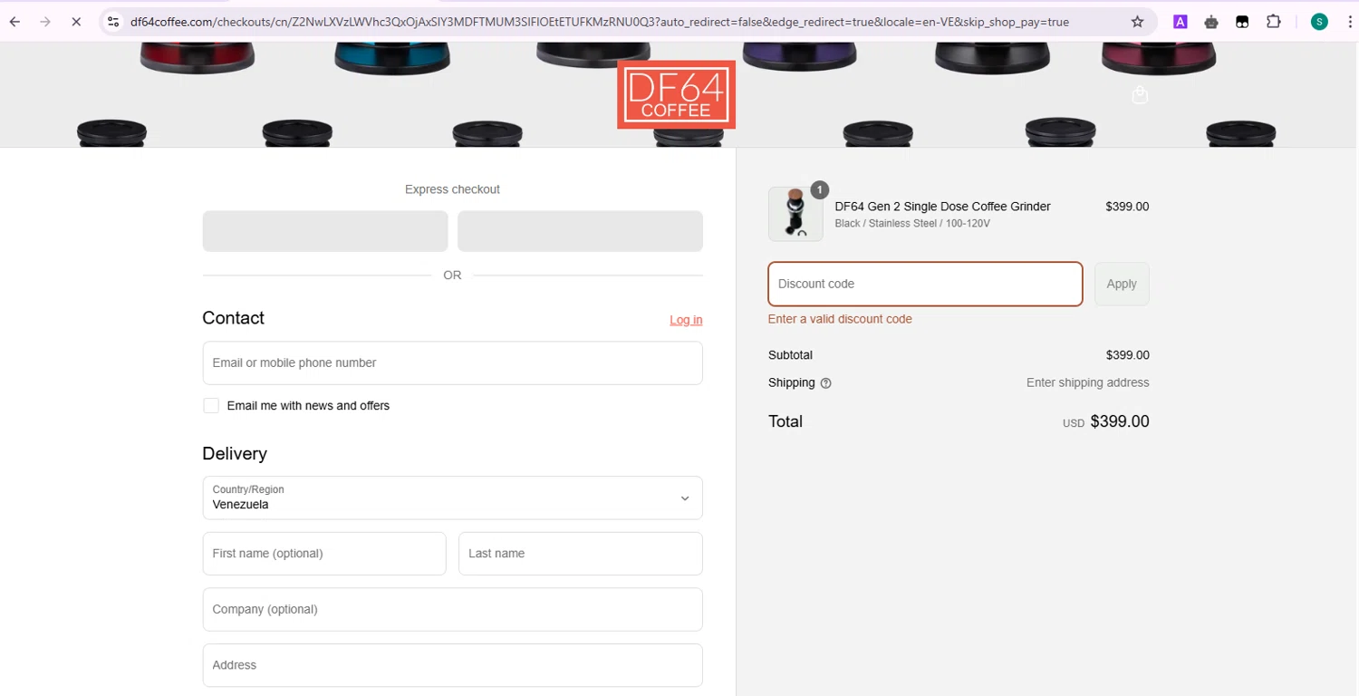 DF64 COFFEE GRINDER promo code screenshot showing code TOMSGRINDERLAB applied at DF64 COFFEE GRINDER checkout page. Uploaded by SimplyCodes community member Samu10 on May 14, 2025