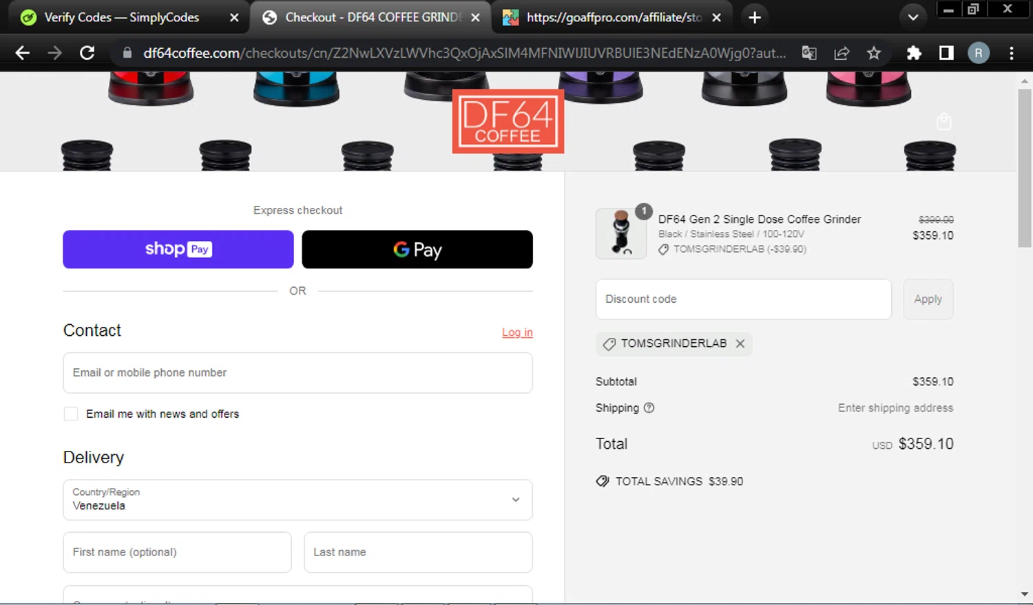 DF64 COFFEE GRINDER promo code screenshot showing code TOMSGRINDERLAB applied at DF64 COFFEE GRINDER checkout page. Uploaded by SimplyCodes community member LegendaryScout1319 on Apr 19, 2025