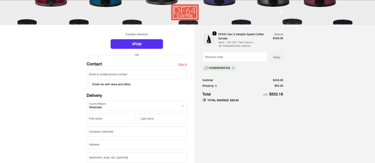 DF64 COFFEE GRINDER promo code screenshot showing code Homebarista8 applied at DF64 COFFEE GRINDER checkout page. Uploaded by SimplyCodes community member ELOIN777 on Jun 3, 2026