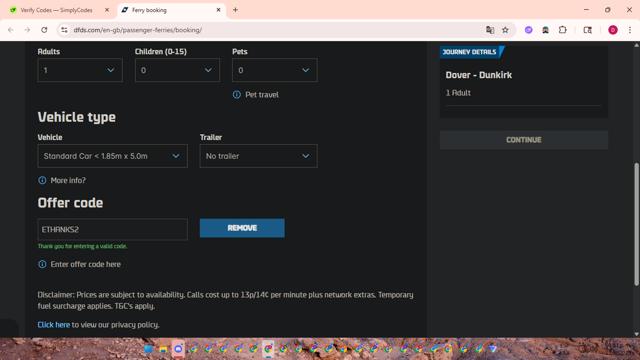 DFDS checkout page showing DFDS discount code box | Screenshot taken by SimplyCodes community member on Aug 13, 2025